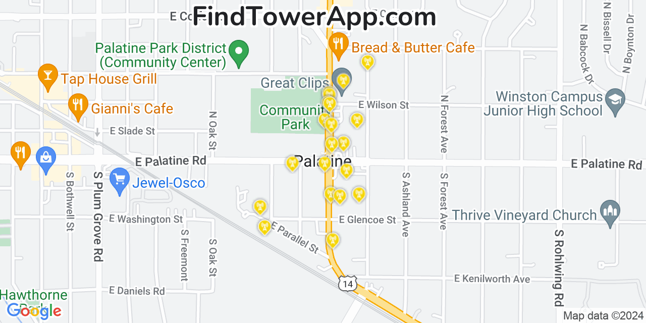 Verizon 4G/5G cell tower coverage map Palatine, Illinois