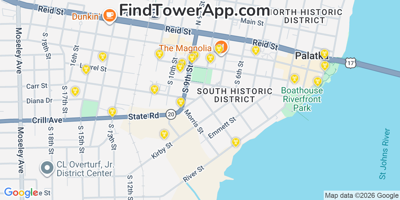 Map showing the 20 primary cell tower locations detected in Palatka, Florida from AT&T, Verizon, and T-Mobile networks