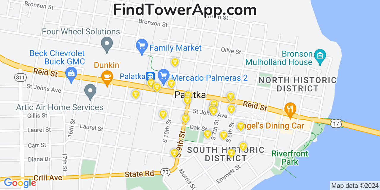 Verizon 4G/5G cell tower coverage map Palatka, Florida