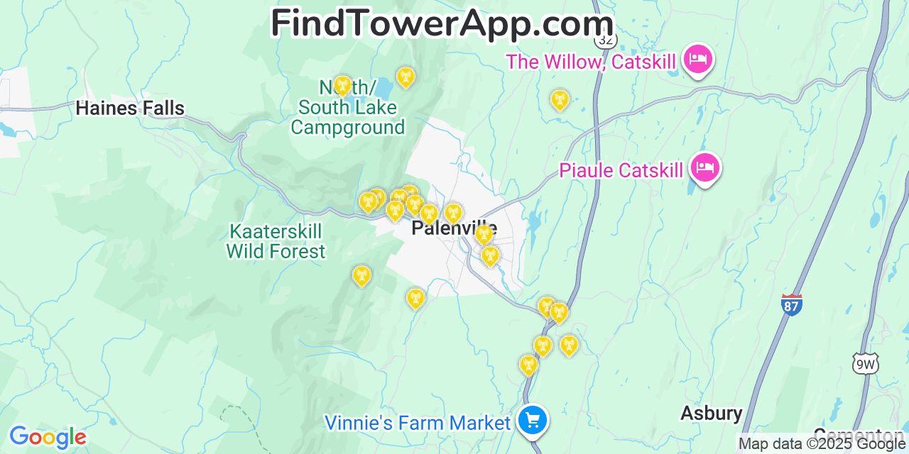 Map showing the 20 primary cell tower locations detected in Palenville, New York from AT&T, Verizon, and T-Mobile networks