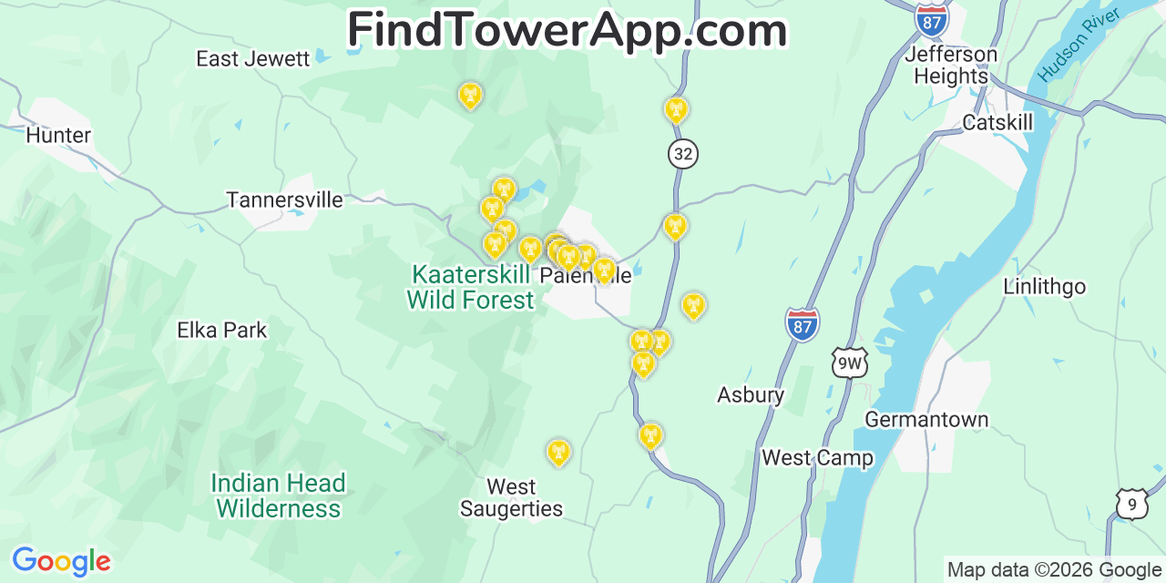 Map showing the 20 primary cell tower locations detected in Palenville, New York from AT&T, Verizon, and T-Mobile networks