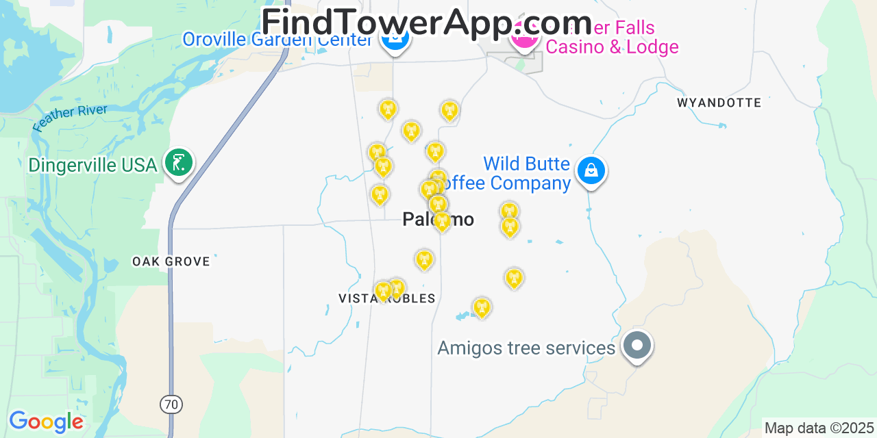 Map showing the 20 primary cell tower locations detected in Palermo, California from AT&T, Verizon, and T-Mobile networks