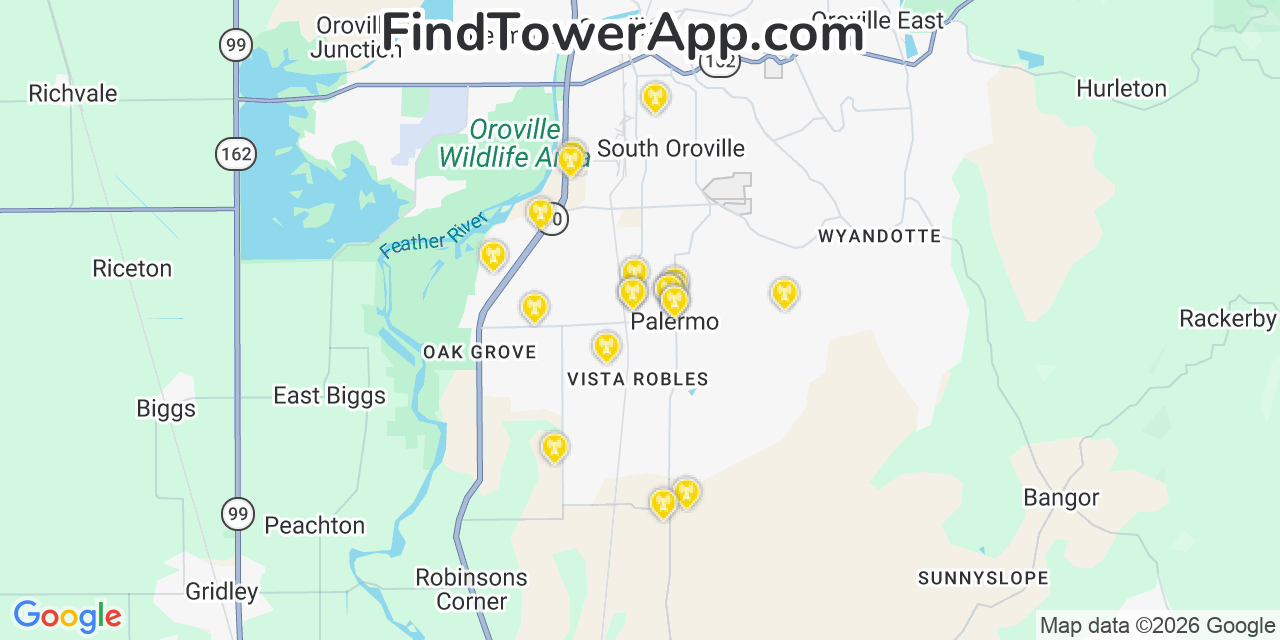 Map showing the 20 primary cell tower locations detected in Palermo, California from AT&T, Verizon, and T-Mobile networks