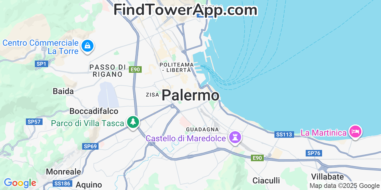 Map showing the 0 primary Iliad cell tower locations detected in Palermo, Italy with coverage radius and signal strength indicators