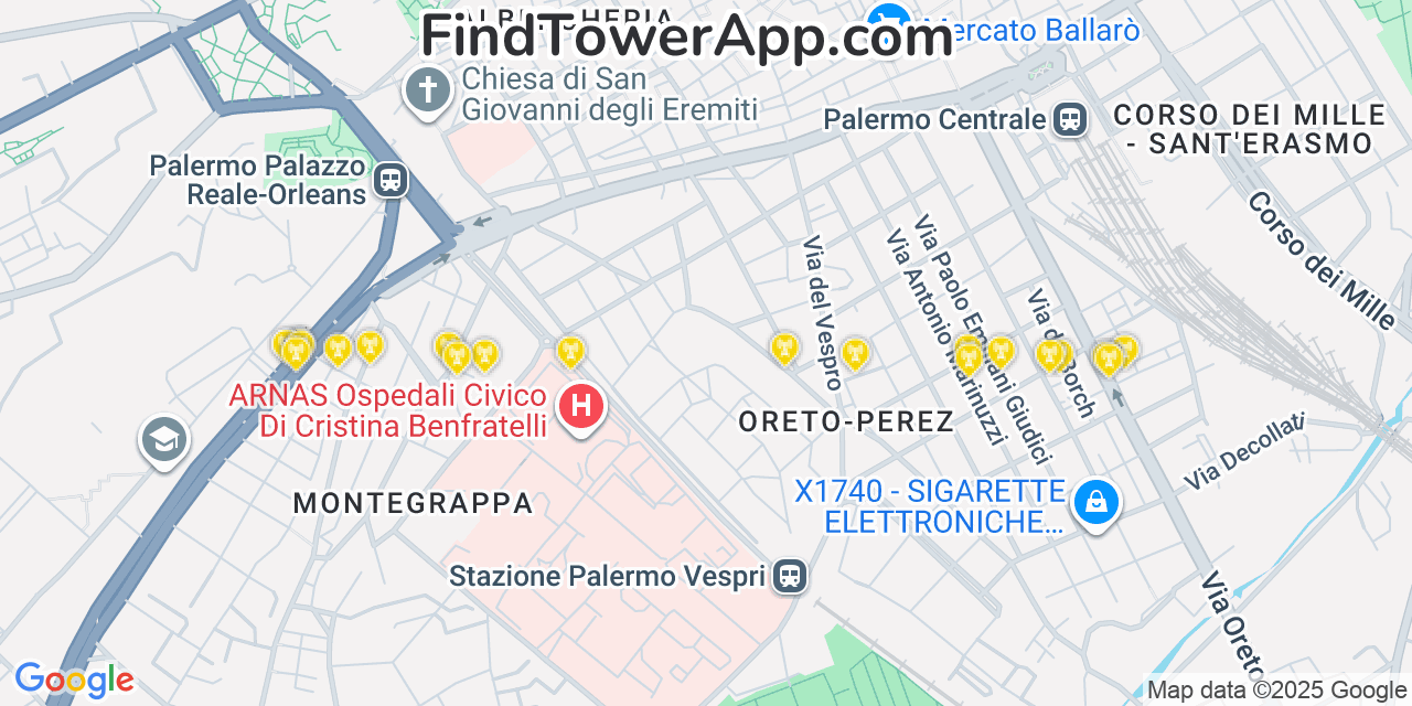 Map showing the 20 primary cell tower locations detected in Palermo, Italy with coverage areas and signal strength
