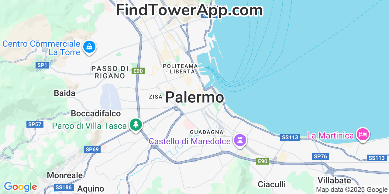 Map showing the 0 primary TIM cell tower locations detected in Palermo, Italy with coverage radius and signal strength indicators