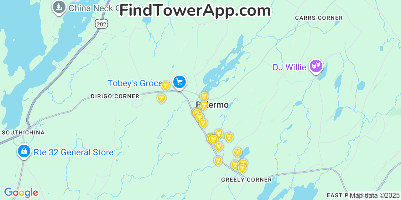 Map showing the 20 primary cell tower locations detected in Palermo, Maine from AT&T, Verizon, and T-Mobile networks