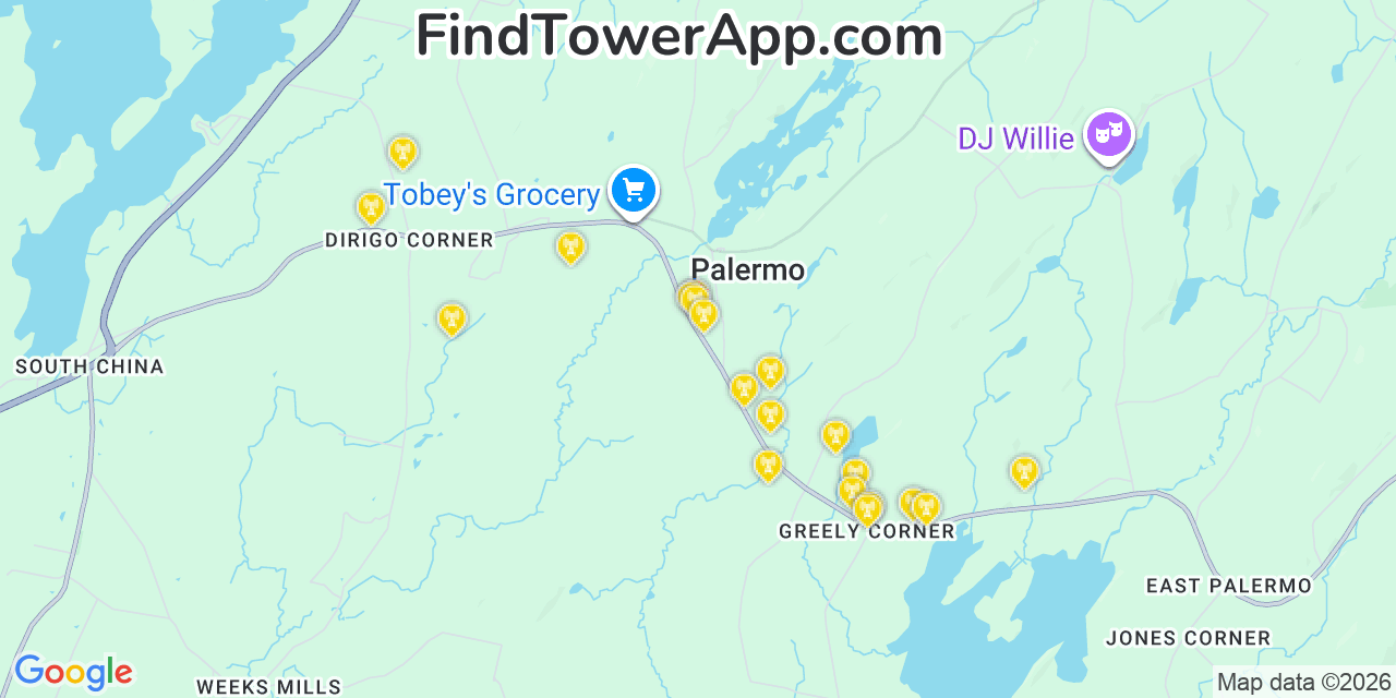 Map showing the 20 primary cell tower locations detected in Palermo, Maine from AT&T, Verizon, and T-Mobile networks