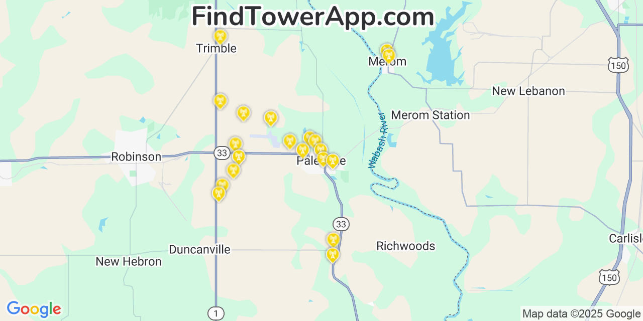 Map showing the 20 primary cell tower locations detected in Palestine, Illinois from AT&T, Verizon, and T-Mobile networks