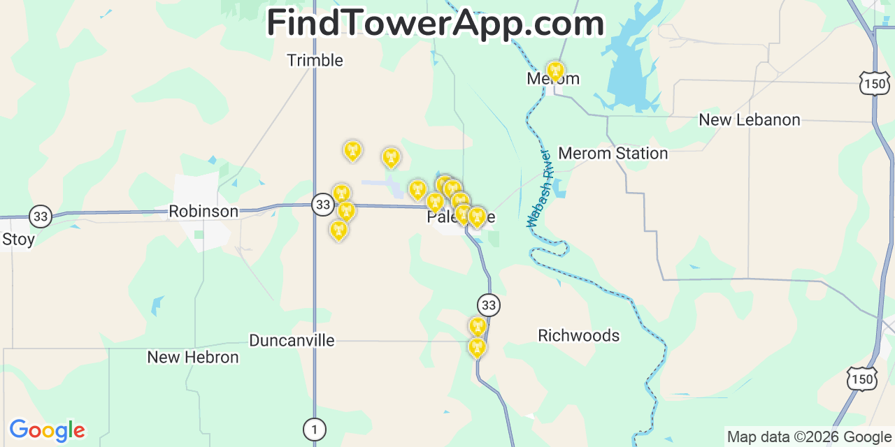 Map showing the 20 primary cell tower locations detected in Palestine, Illinois from AT&T, Verizon, and T-Mobile networks