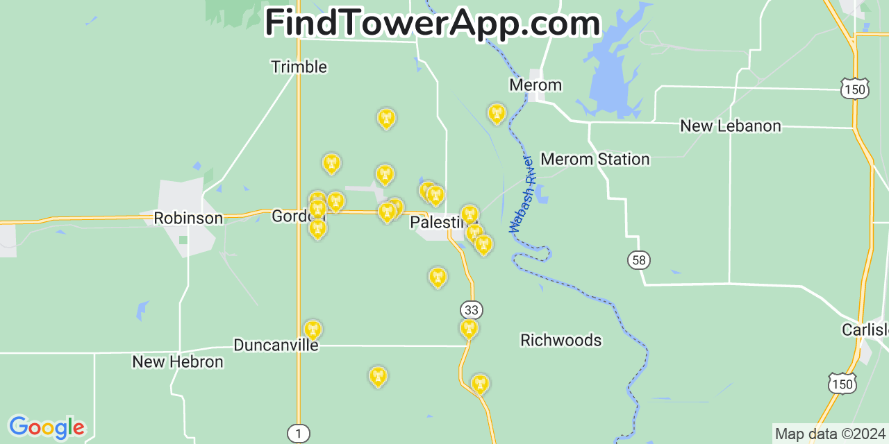 Verizon 4G/5G cell tower coverage map Palestine, Illinois