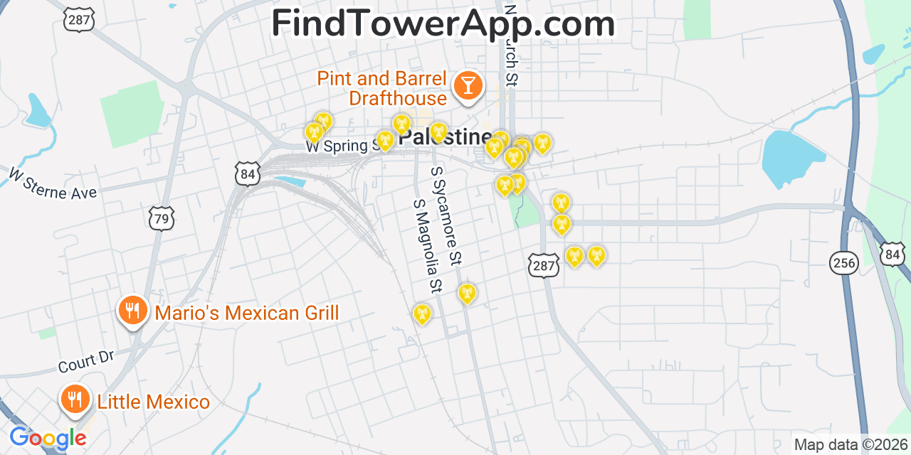 Map showing the 20 primary cell tower locations detected in Palestine, Texas from AT&T, Verizon, and T-Mobile networks