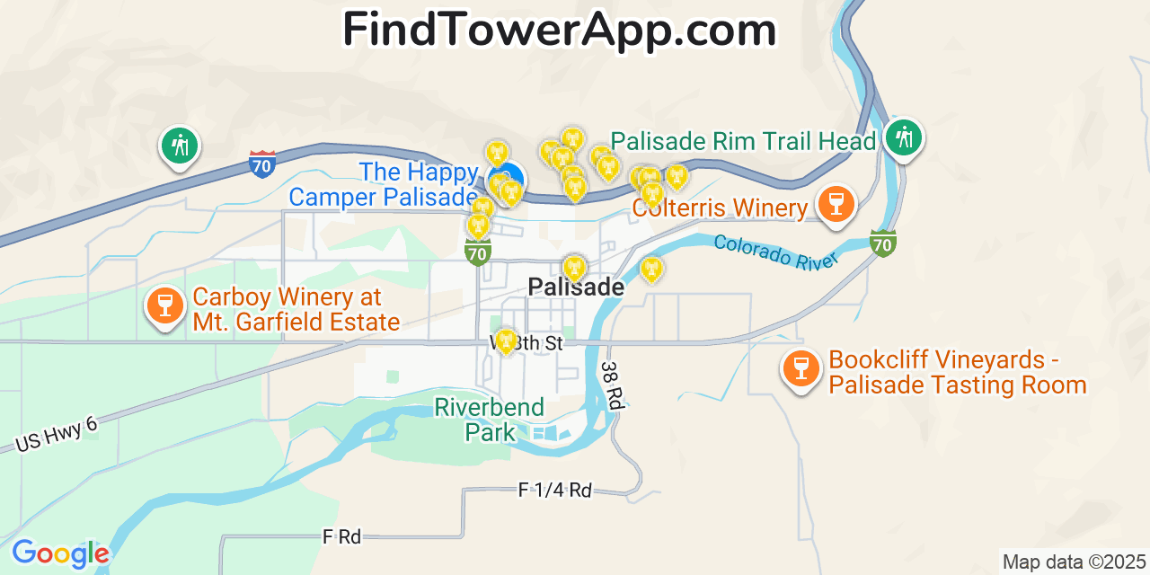 Map showing the 20 primary cell tower locations detected in Palisade, Colorado from AT&T, Verizon, and T-Mobile networks