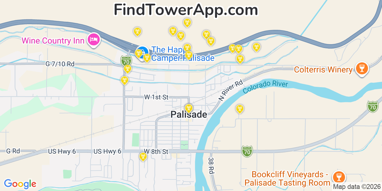 Map showing the 20 primary cell tower locations detected in Palisade, Colorado from AT&T, Verizon, and T-Mobile networks