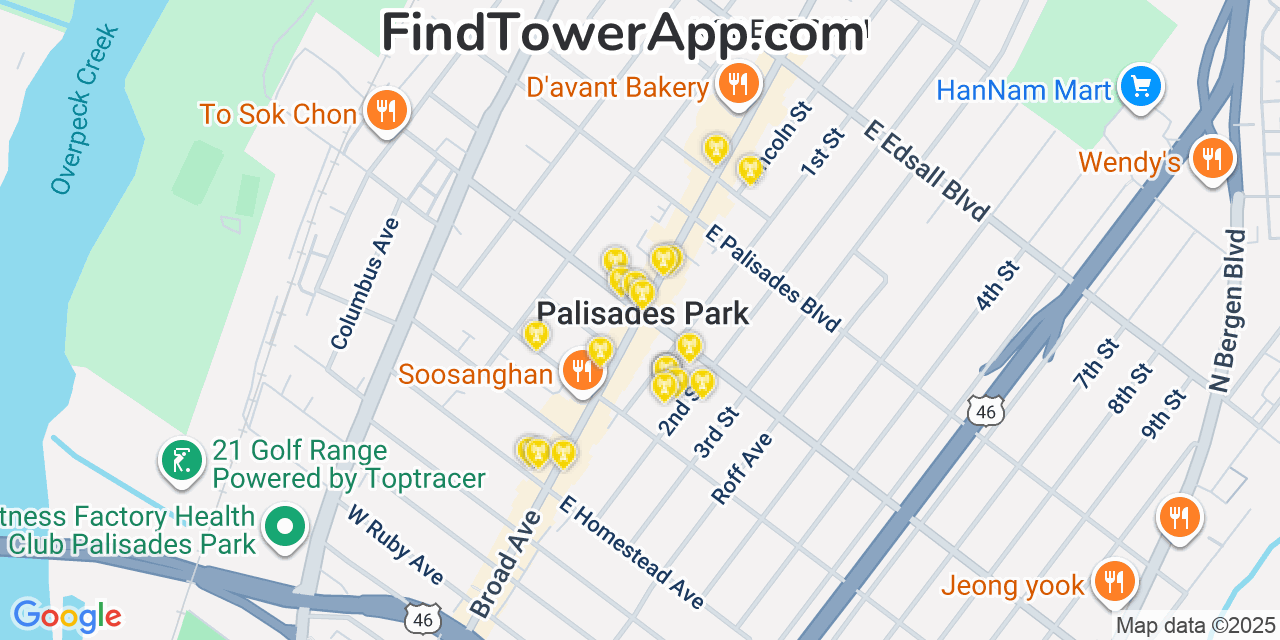 Map showing the 20 primary cell tower locations detected in Palisades Park, New Jersey from AT&T, Verizon, and T-Mobile networks