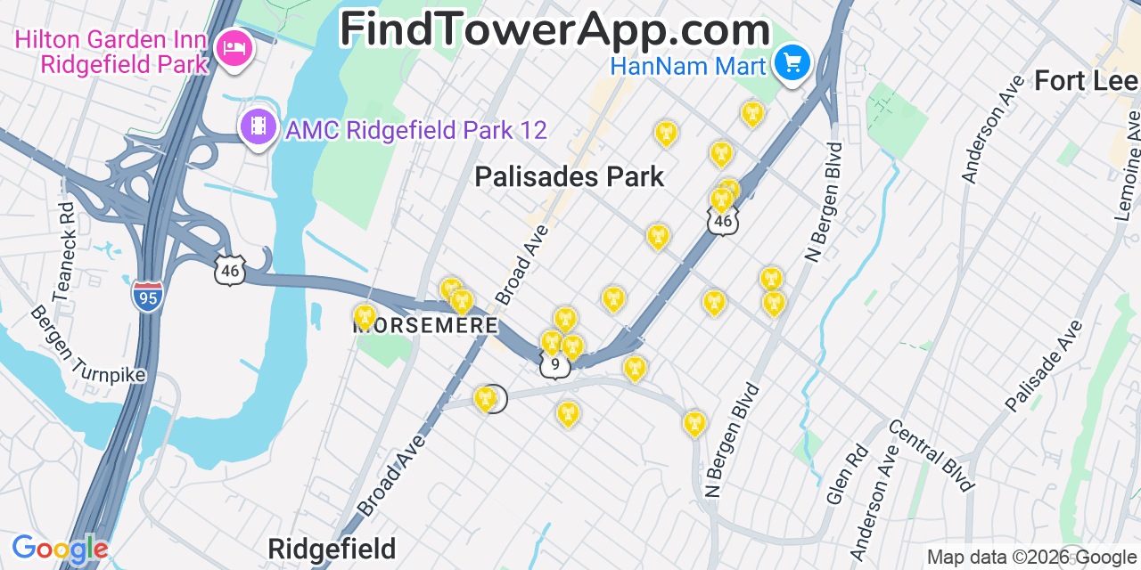 Map showing the 20 primary cell tower locations detected in Palisades Park, New Jersey from AT&T, Verizon, and T-Mobile networks