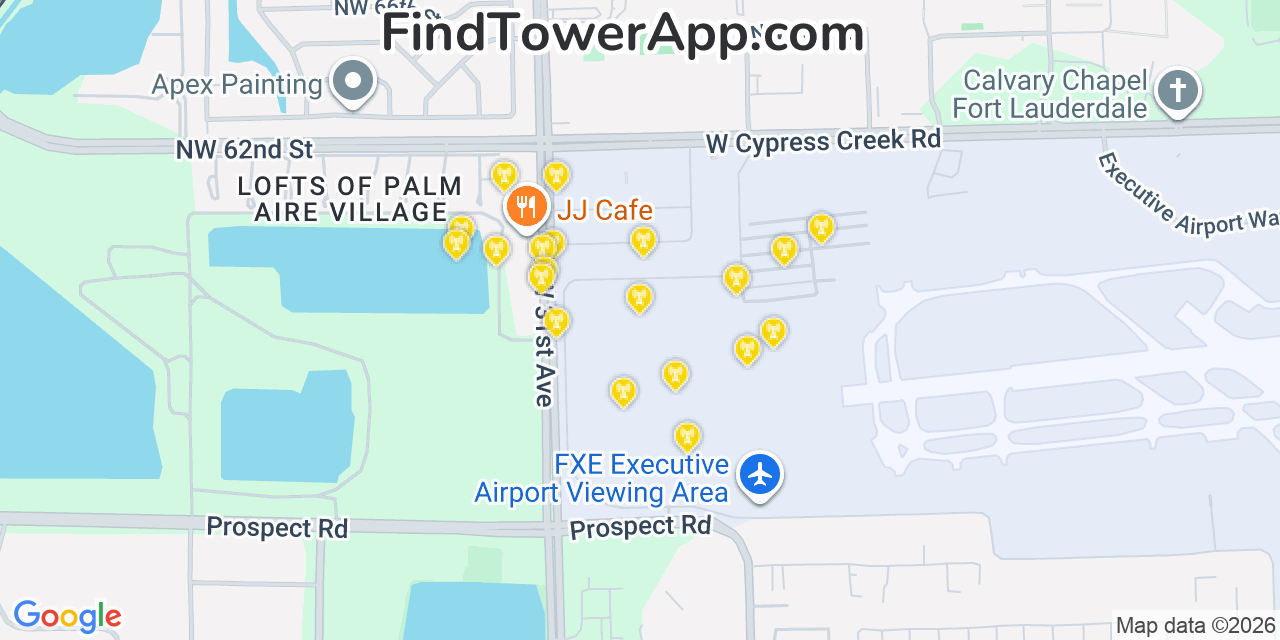 Map showing the 20 primary cell tower locations detected in Palm Aire, Florida from AT&T, Verizon, and T-Mobile networks