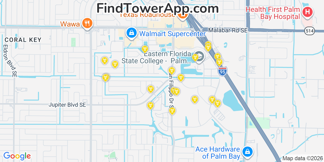 Map showing the 20 primary cell tower locations detected in Palm Bay, Florida from AT&T, Verizon, and T-Mobile networks