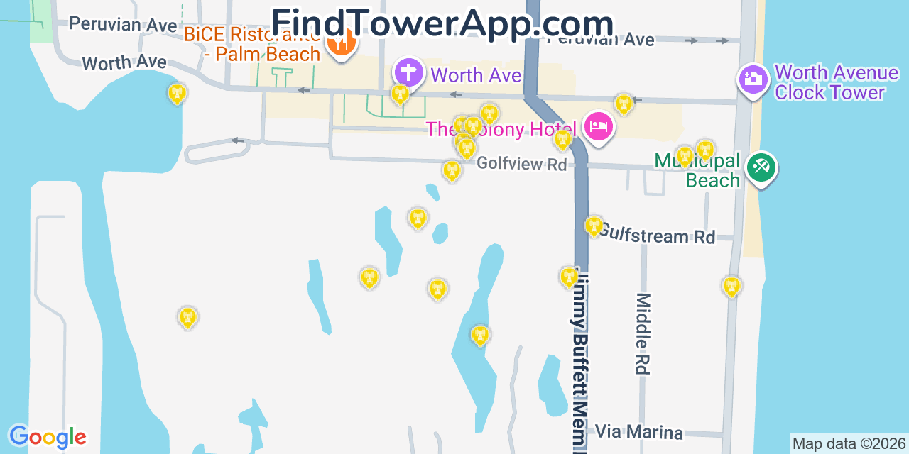 Map showing the 20 primary cell tower locations detected in Palm Beach, Florida from AT&T, Verizon, and T-Mobile networks