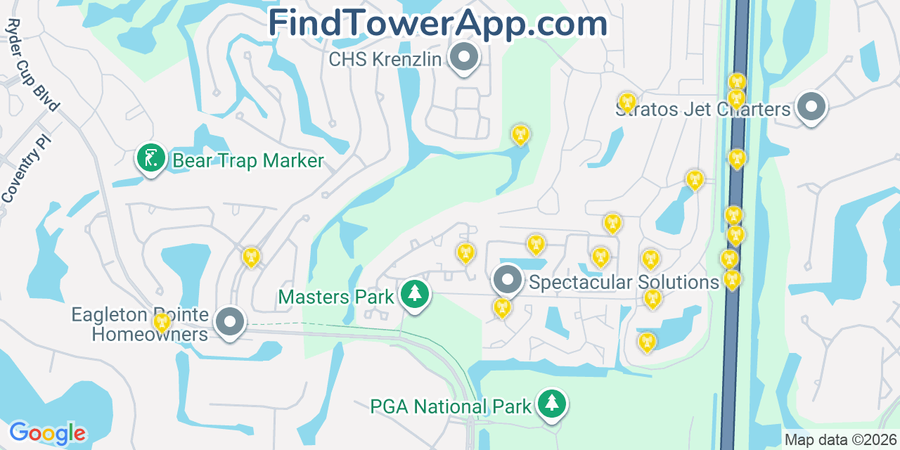 Map showing the 20 primary cell tower locations detected in Palm Beach Gardens, Florida from AT&T, Verizon, and T-Mobile networks