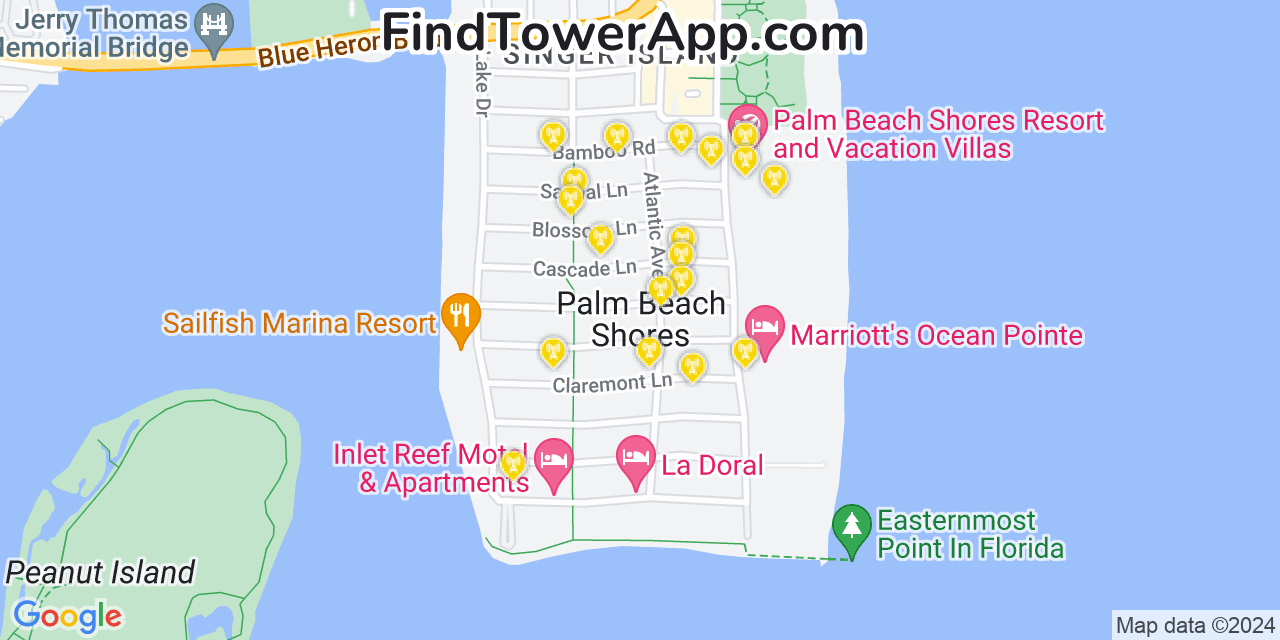 AT&T 4G/5G cell tower coverage map Palm Beach Shores, Florida