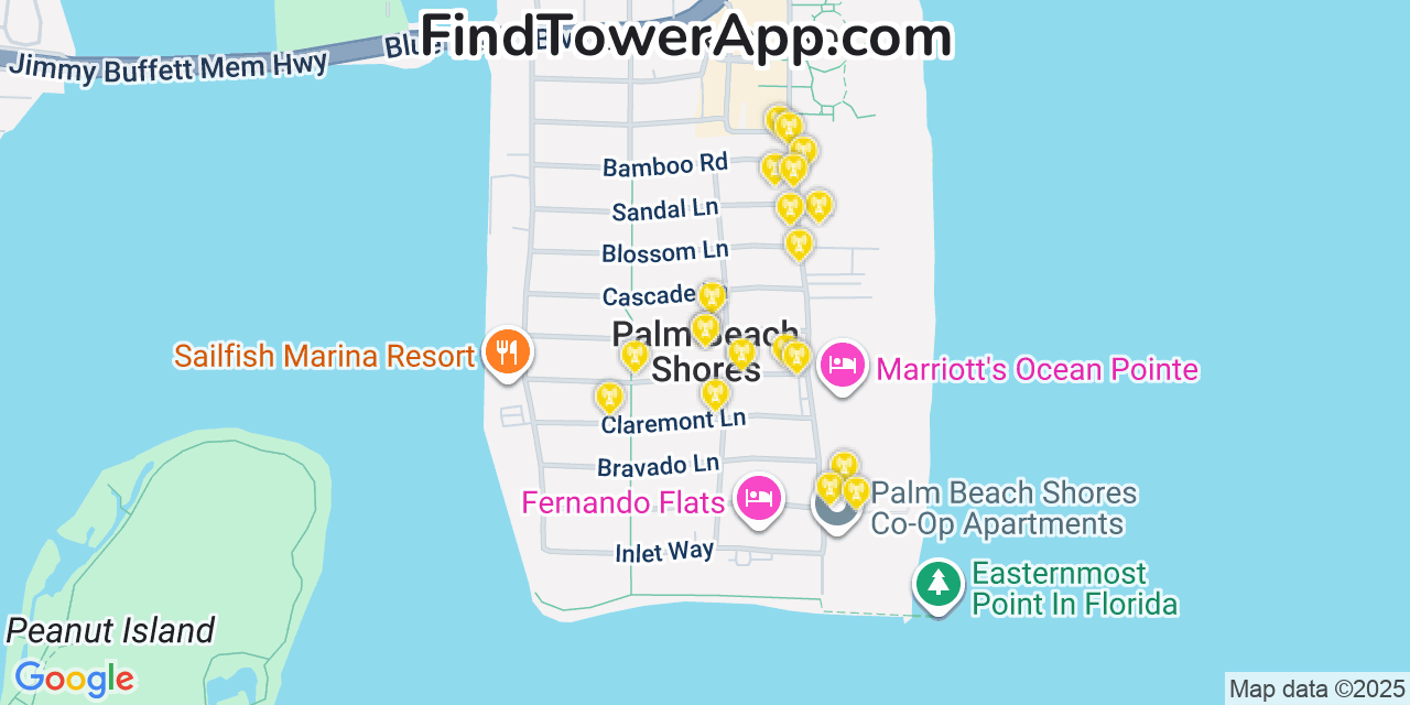 Map showing the 20 primary cell tower locations detected in Palm Beach Shores, Florida from AT&T, Verizon, and T-Mobile networks