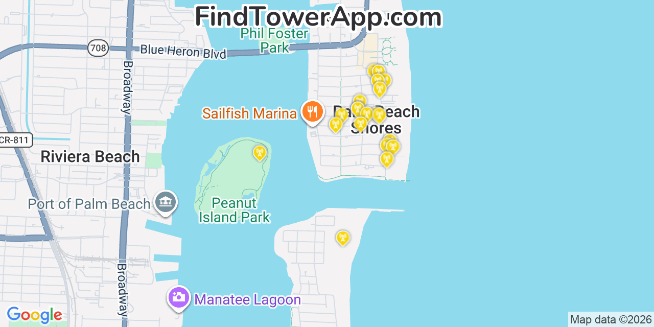 Map showing the 20 primary cell tower locations detected in Palm Beach Shores, Florida from AT&T, Verizon, and T-Mobile networks