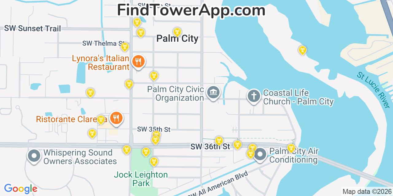 Map showing the 20 primary cell tower locations detected in Palm City, Florida from AT&T, Verizon, and T-Mobile networks
