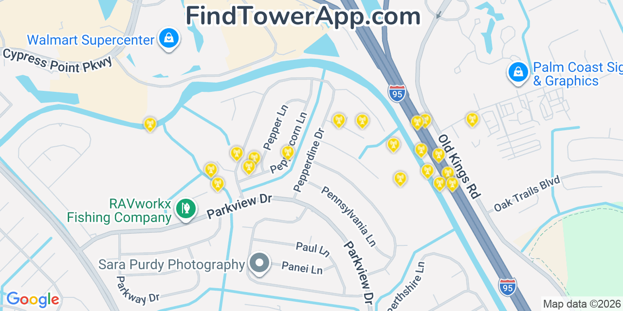 Map showing the 20 primary cell tower locations detected in Palm Coast, Florida from AT&T, Verizon, and T-Mobile networks