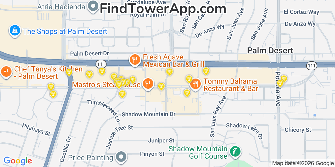 Map showing the 20 primary cell tower locations detected in Palm Desert, California from AT&T, Verizon, and T-Mobile networks