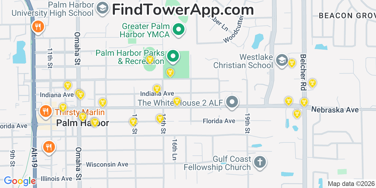 Map showing the 20 primary cell tower locations detected in Palm Harbor, Florida from AT&T, Verizon, and T-Mobile networks