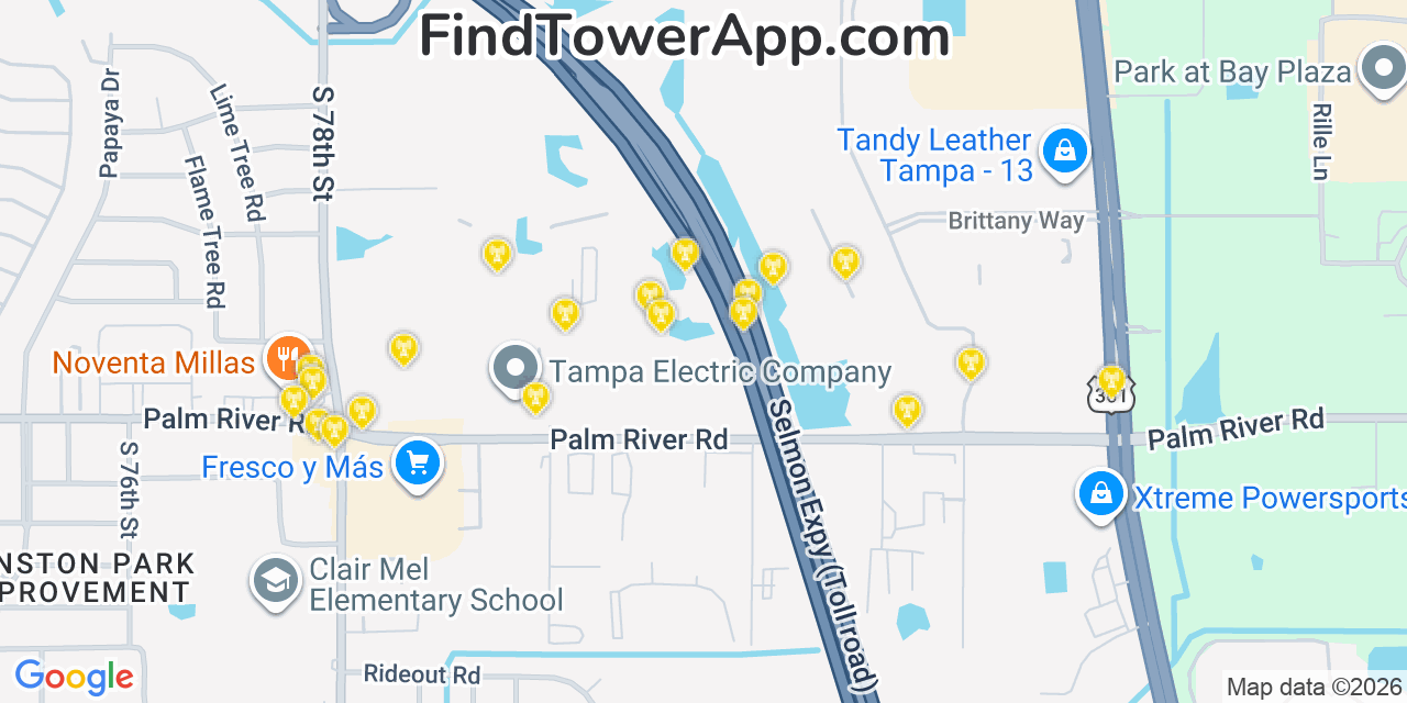 Map showing the 20 primary cell tower locations detected in Palm River Clair Mel, Florida from AT&T, Verizon, and T-Mobile networks