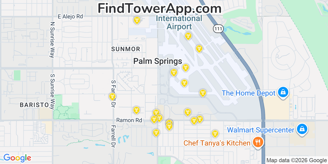 Map showing the 20 primary cell tower locations detected in Palm Springs, California from AT&T, Verizon, and T-Mobile networks