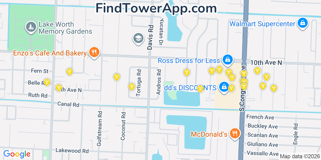 Map showing the 20 primary cell tower locations detected in Palm Springs, Florida from AT&T, Verizon, and T-Mobile networks