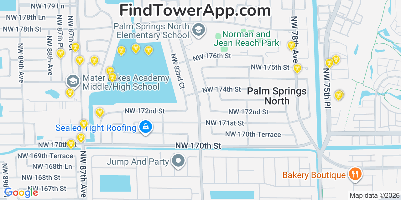 Map showing the 20 primary cell tower locations detected in Palm Springs North, Florida from AT&T, Verizon, and T-Mobile networks