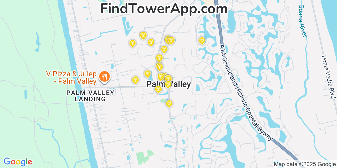 Map showing the 20 primary cell tower locations detected in Palm Valley, Florida from AT&T, Verizon, and T-Mobile networks