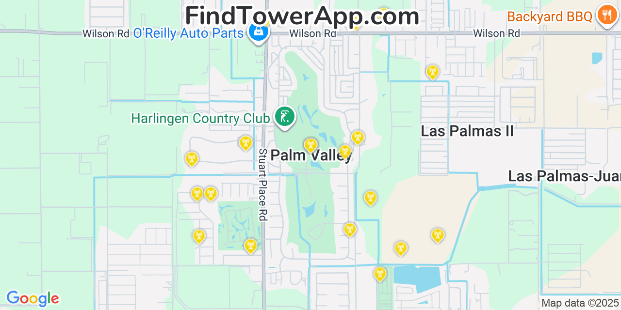 Map showing the 20 primary cell tower locations detected in Palm Valley, Texas from AT&T, Verizon, and T-Mobile networks