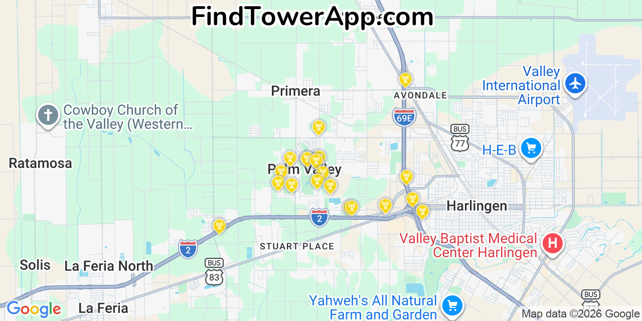 Map showing the 20 primary cell tower locations detected in Palm Valley, Texas from AT&T, Verizon, and T-Mobile networks