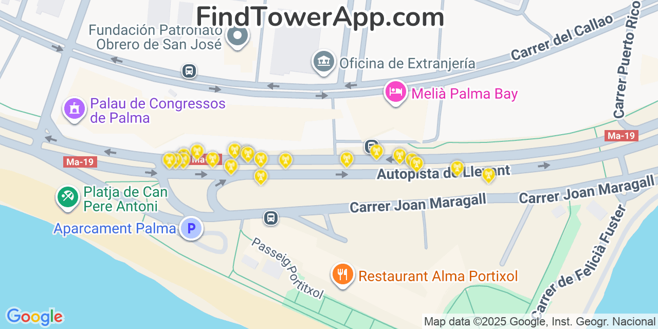 Map showing the 20 primary cell tower locations detected in Palma, Spain with coverage areas and signal strength