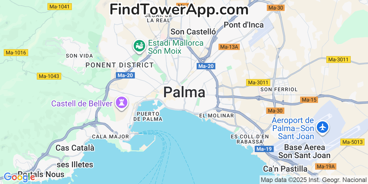 Map showing the 0 primary Orange cell tower locations detected in Palma, Spain with coverage radius and signal strength indicators