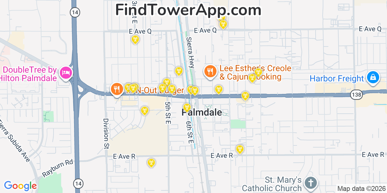 Map showing the 20 primary cell tower locations detected in Palmdale, California from AT&T, Verizon, and T-Mobile networks