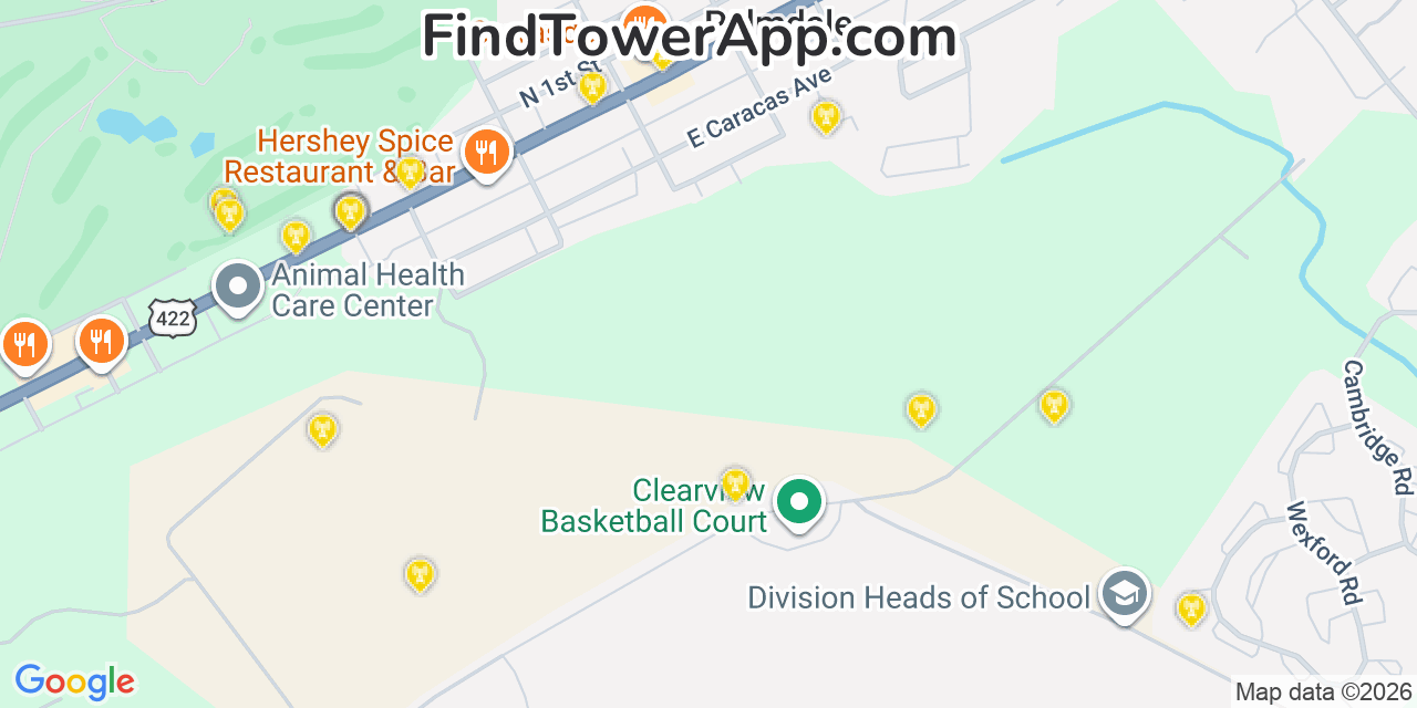 Map showing the 20 primary cell tower locations detected in Palmdale, Pennsylvania from AT&T, Verizon, and T-Mobile networks