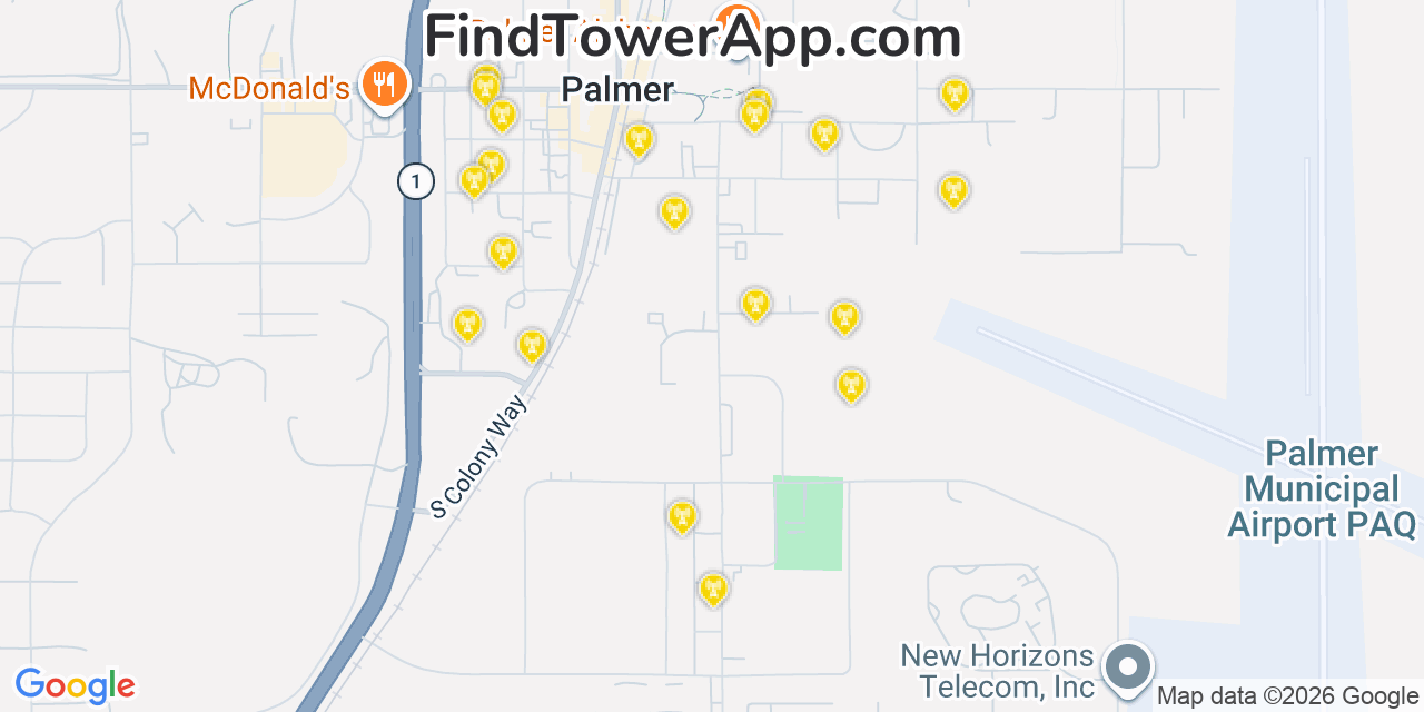 Map showing the 20 primary cell tower locations detected in Palmer, Alaska from AT&T, Verizon, and T-Mobile networks