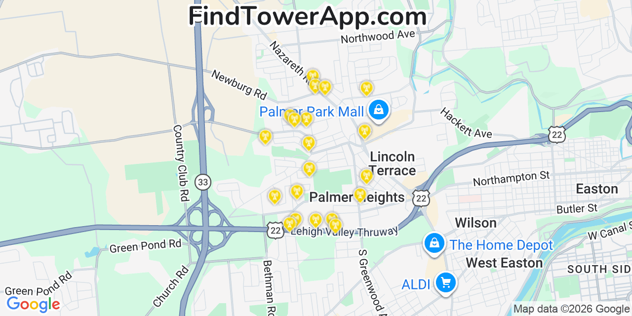 Map showing the 20 primary cell tower locations detected in Palmer Heights, Pennsylvania from AT&T, Verizon, and T-Mobile networks
