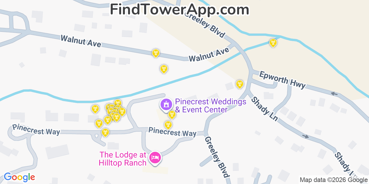 Map showing the 20 primary cell tower locations detected in Palmer Lake, Colorado from AT&T, Verizon, and T-Mobile networks