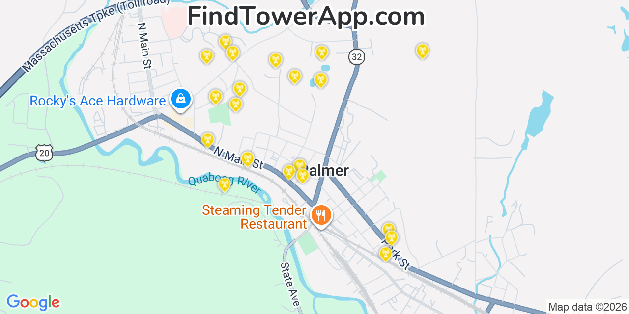 Map showing the 20 primary cell tower locations detected in Palmer, Massachusetts from AT&T, Verizon, and T-Mobile networks