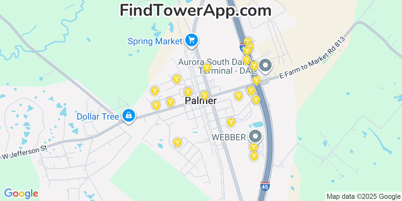 Map showing the 20 primary cell tower locations detected in Palmer, Texas from AT&T, Verizon, and T-Mobile networks