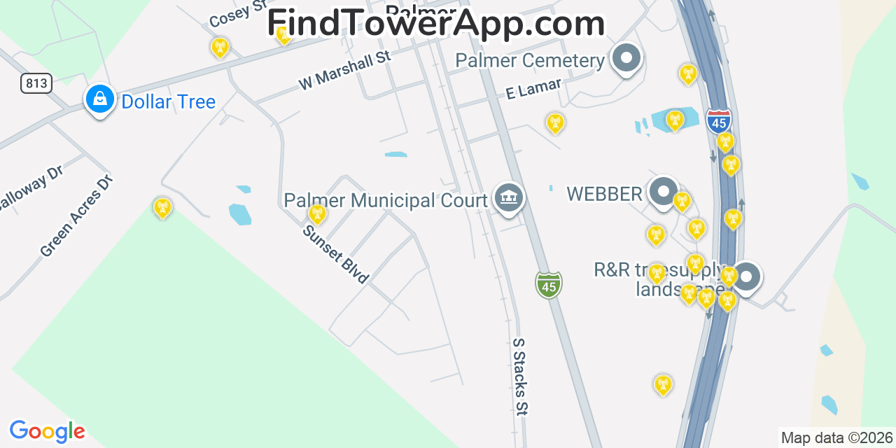 Map showing the 20 primary cell tower locations detected in Palmer, Texas from AT&T, Verizon, and T-Mobile networks