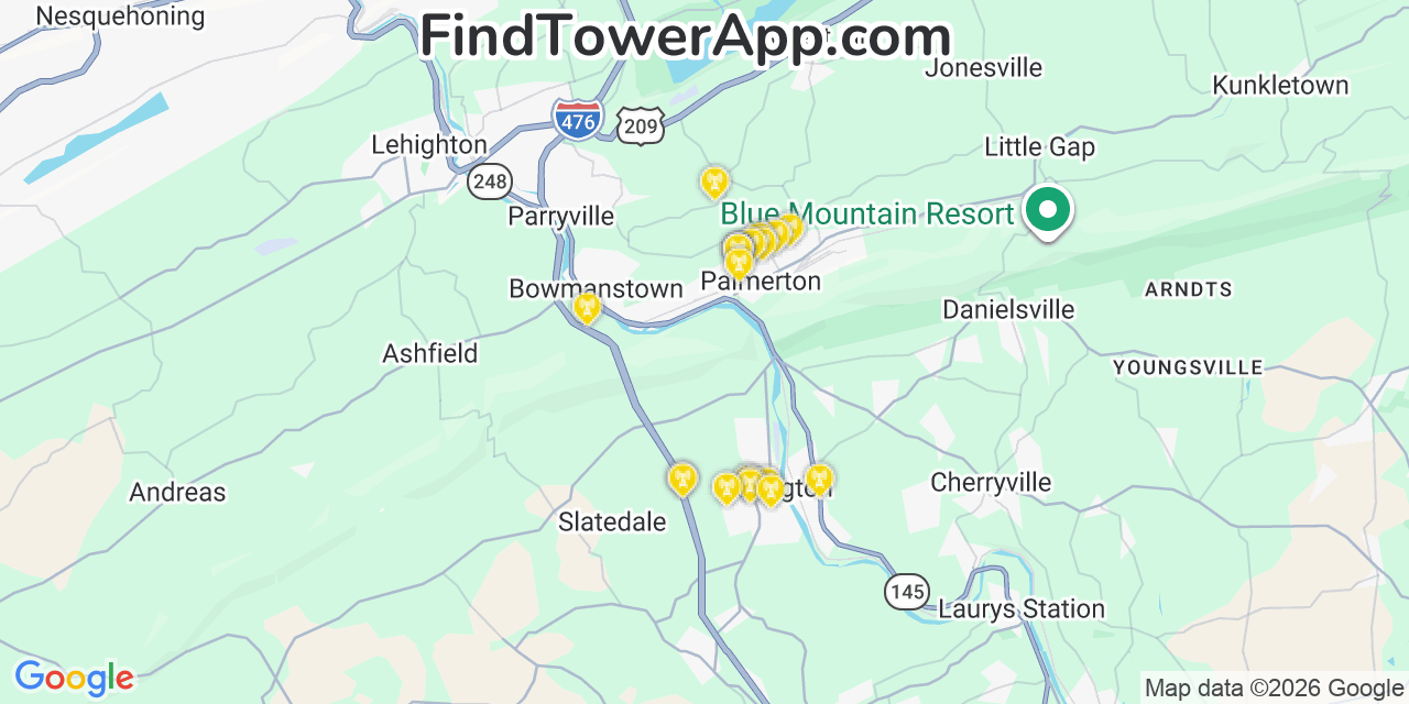Map showing the 20 primary cell tower locations detected in Palmerton, Pennsylvania from AT&T, Verizon, and T-Mobile networks