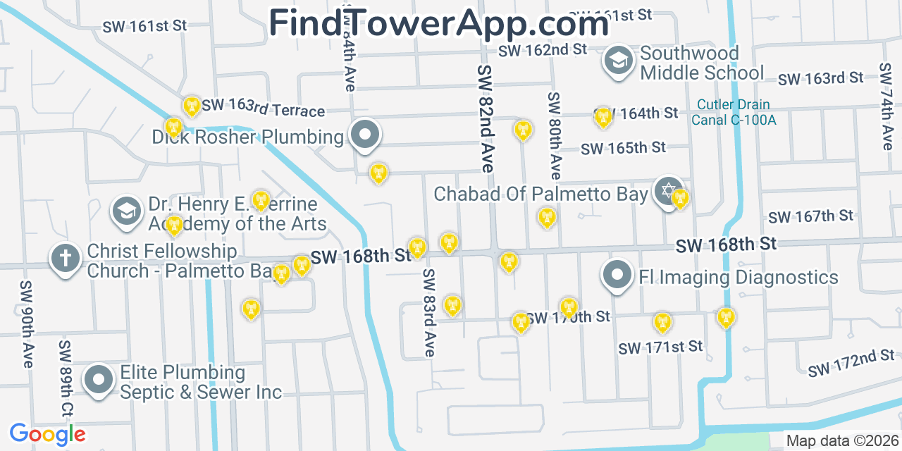 Map showing the 20 primary cell tower locations detected in Palmetto Bay, Florida from AT&T, Verizon, and T-Mobile networks